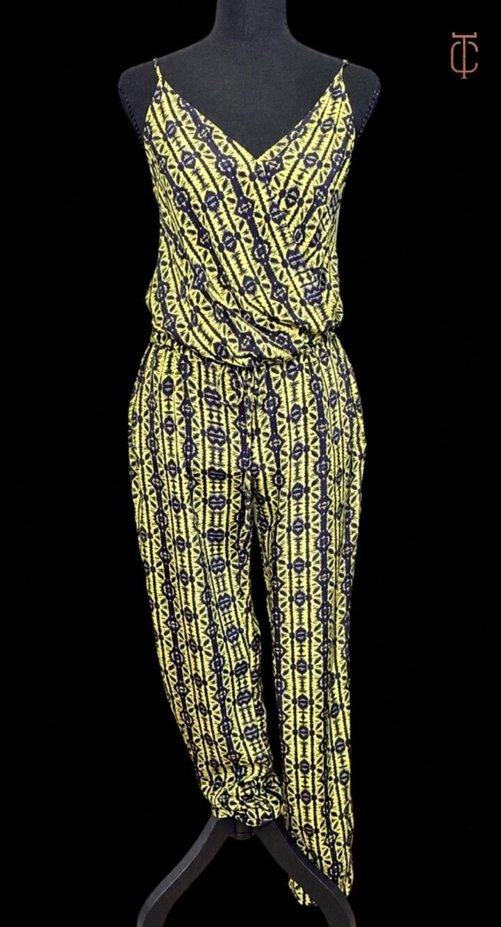 Rory Beca Women's 100% Silk Jumpsuit Green Blue Print Spaghetti Strap XS USA